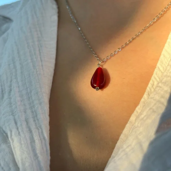 Red Teardrop Necklace with Silver Chain - Picture 5 of 5